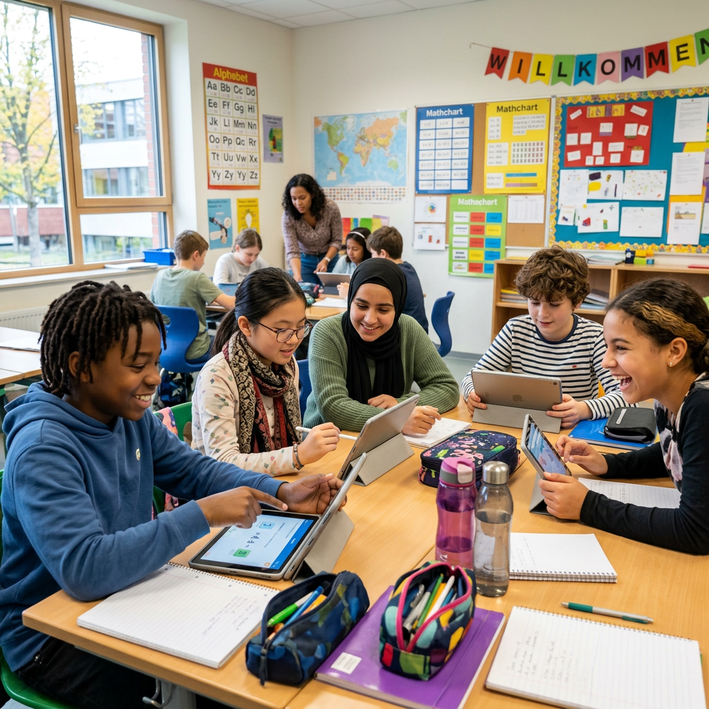 Students sitting around a table using tablets and smiling in a classroom